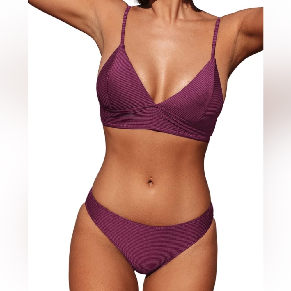 Cupshe Triangle Top Ribbed Bikini Set NWT Size Large Burgundy Purple
